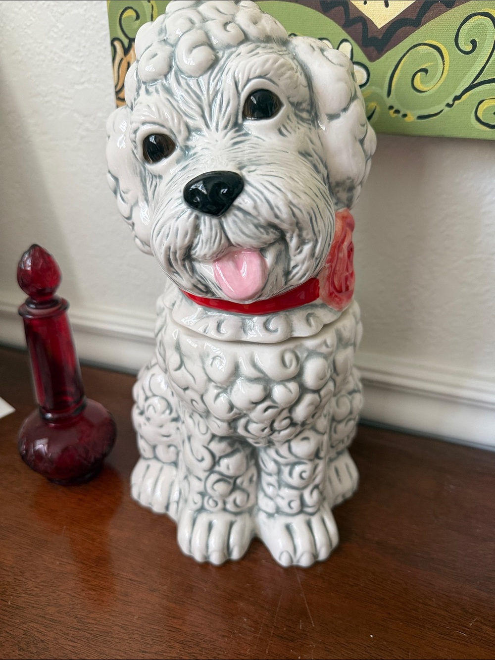 White Ceramic Poodle Figurine with Red Collar - Home Accents Decor